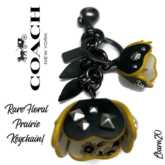 Coach Prairie Black Yellow Tearose Roses Floral Flower Keychain Fob NWT - Picture 1 of 10